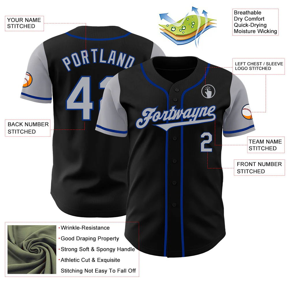 Custom Black Gray-Royal Authentic Two Tone Baseball Jersey - Image 3