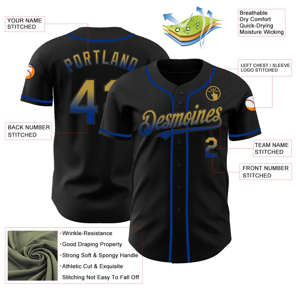 Custom Black Old Gold-Royal Authentic Fade Fashion Baseball Jersey - Image 3