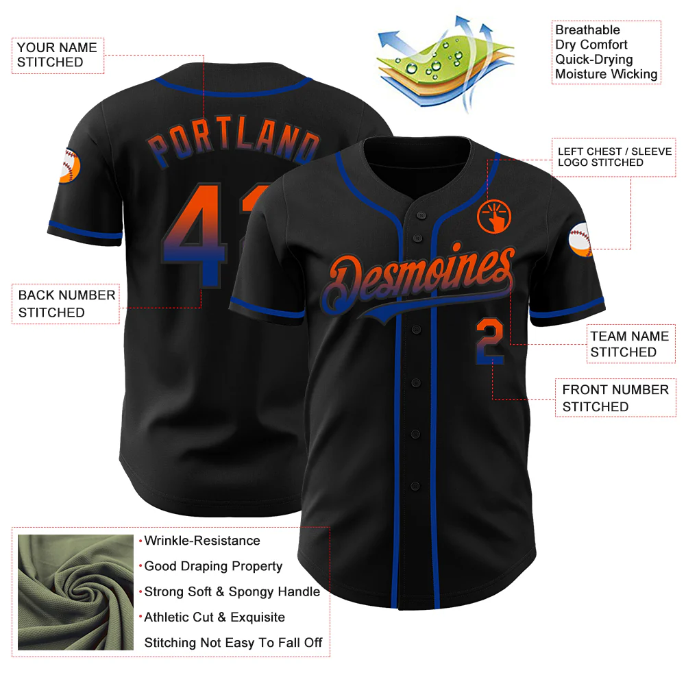 Custom Black Orange-Royal Authentic Fade Fashion Baseball Jersey - Image 3
