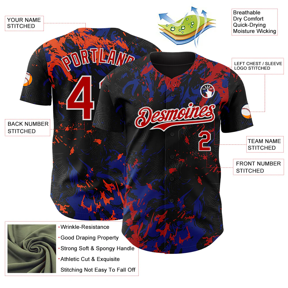 Custom Black Red Royal-White Splash Authentic Baseball Jersey - Image 3