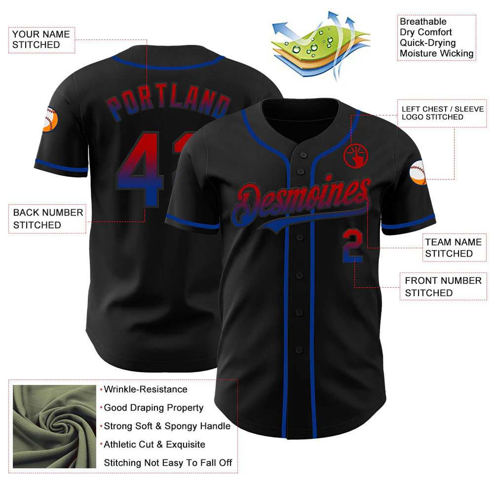 Custom Black Red-Royal Authentic Fade Fashion Baseball Jersey - Image 3