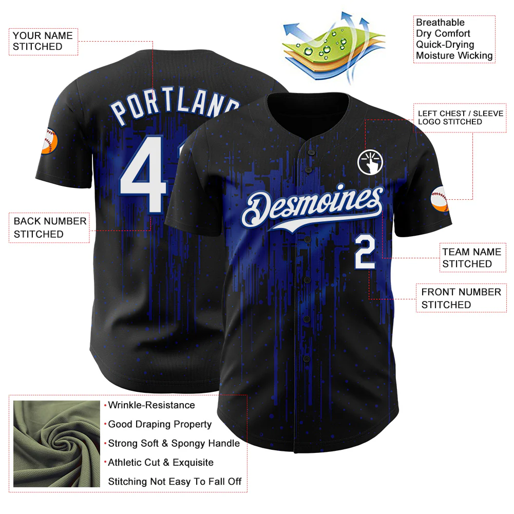 Custom Black White-Royal Dripping Splatter Paint Authentic Baseball Jersey - Image 3