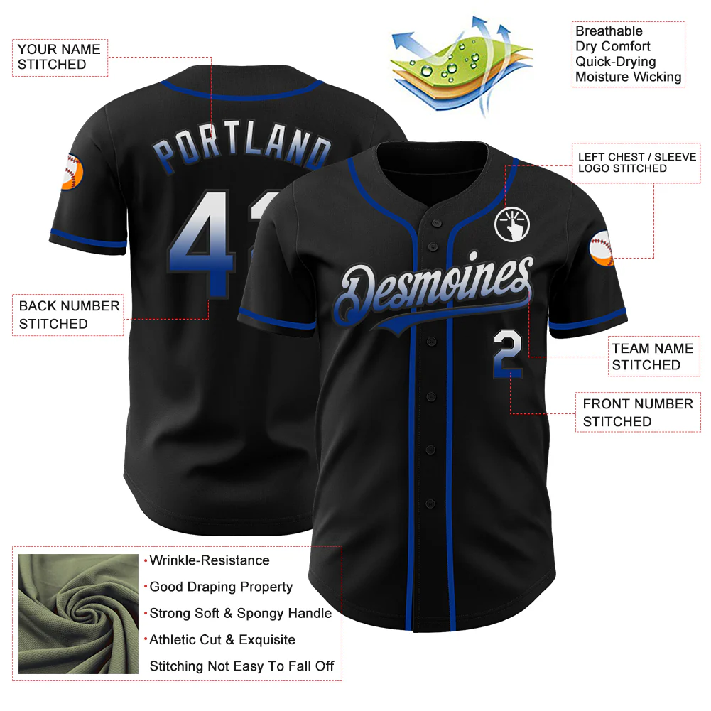 Custom Black White-Royal Authentic Fade Fashion Baseball Jersey - Image 3
