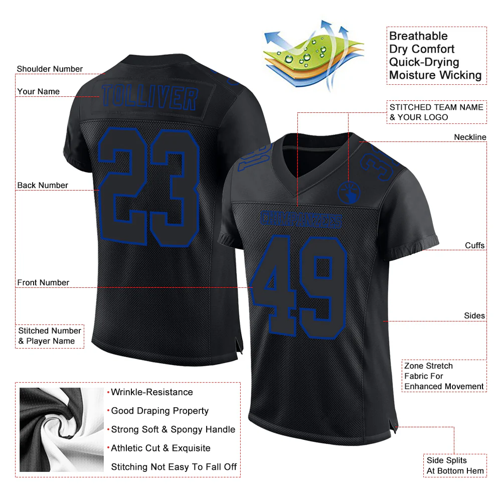 Custom Black Royal Mesh Authentic Football Jersey - Image 2
