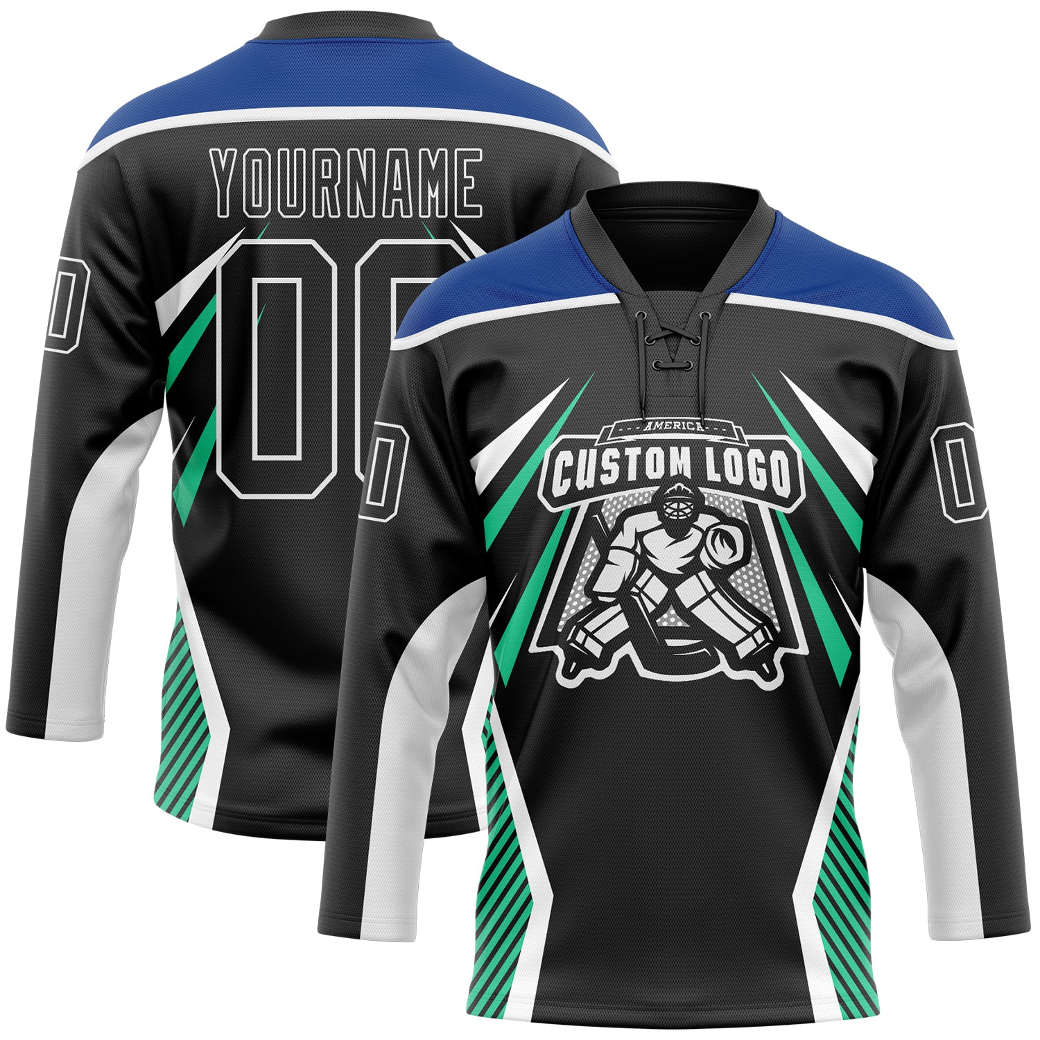 Custom Black Royal Green-White Abstract Pattern Graphic Cyber Mecha E-sport Hockey Lace Neck Jersey - Image 2