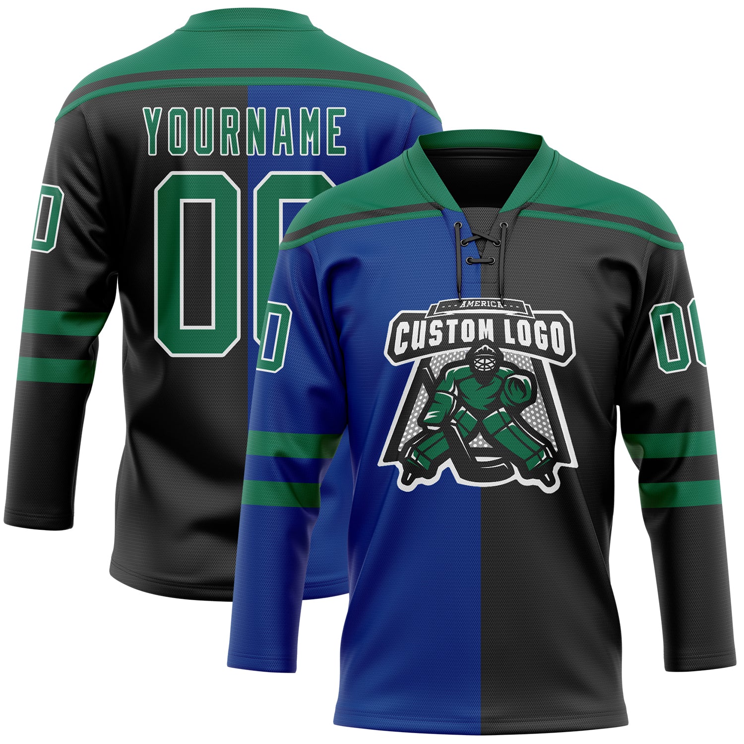 Custom Black Kelly Green Royal-White Split Fashion Hockey Lace Neck Jersey - Image 2