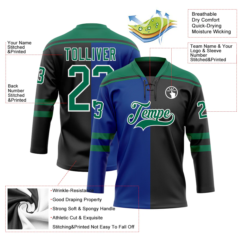 Custom Black Kelly Green Royal-White Split Fashion Hockey Lace Neck Jersey - Image 5
