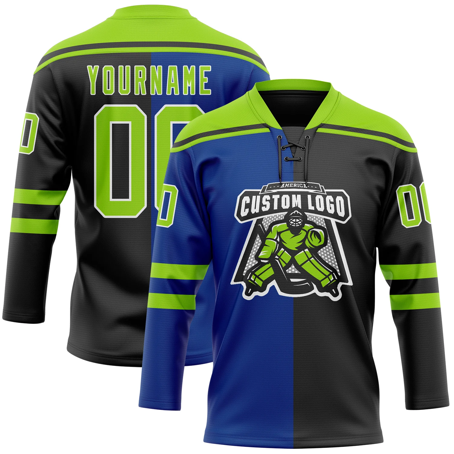 Custom Black Neon Green Royal-White Split Fashion Hockey Lace Neck Jersey - Image 2