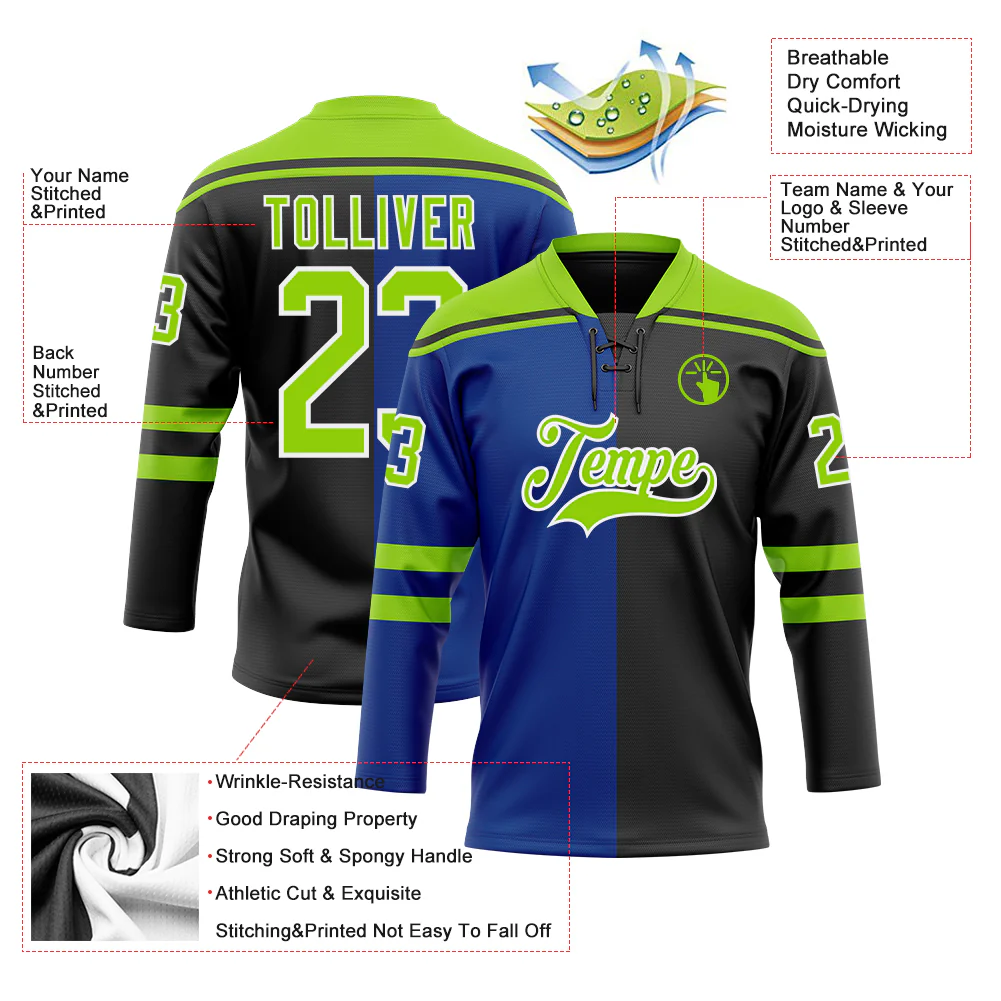 Custom Black Neon Green Royal-White Split Fashion Hockey Lace Neck Jersey - Image 5