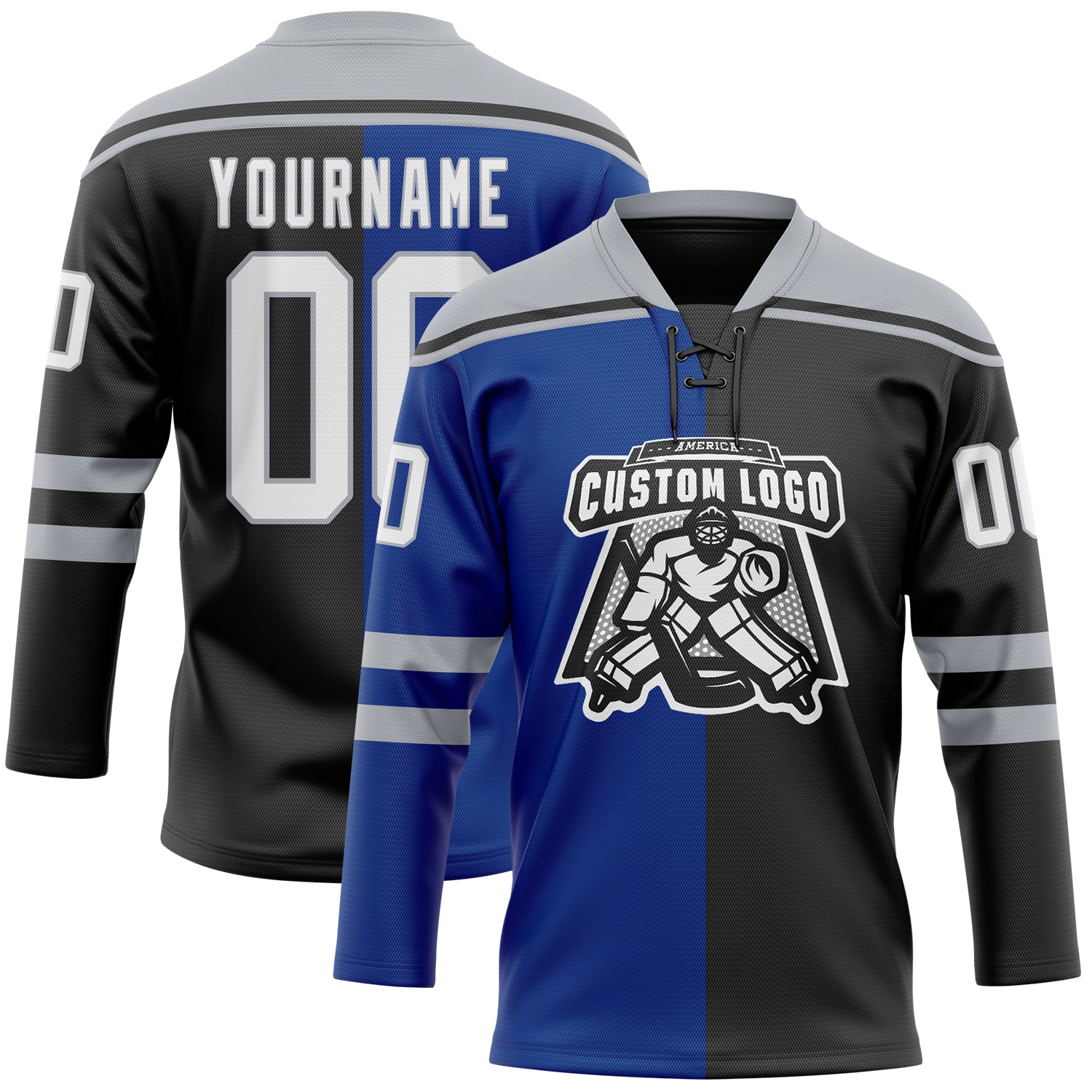 Custom Black White Royal-Gray Split Fashion Hockey Lace Neck Jersey - Image 2