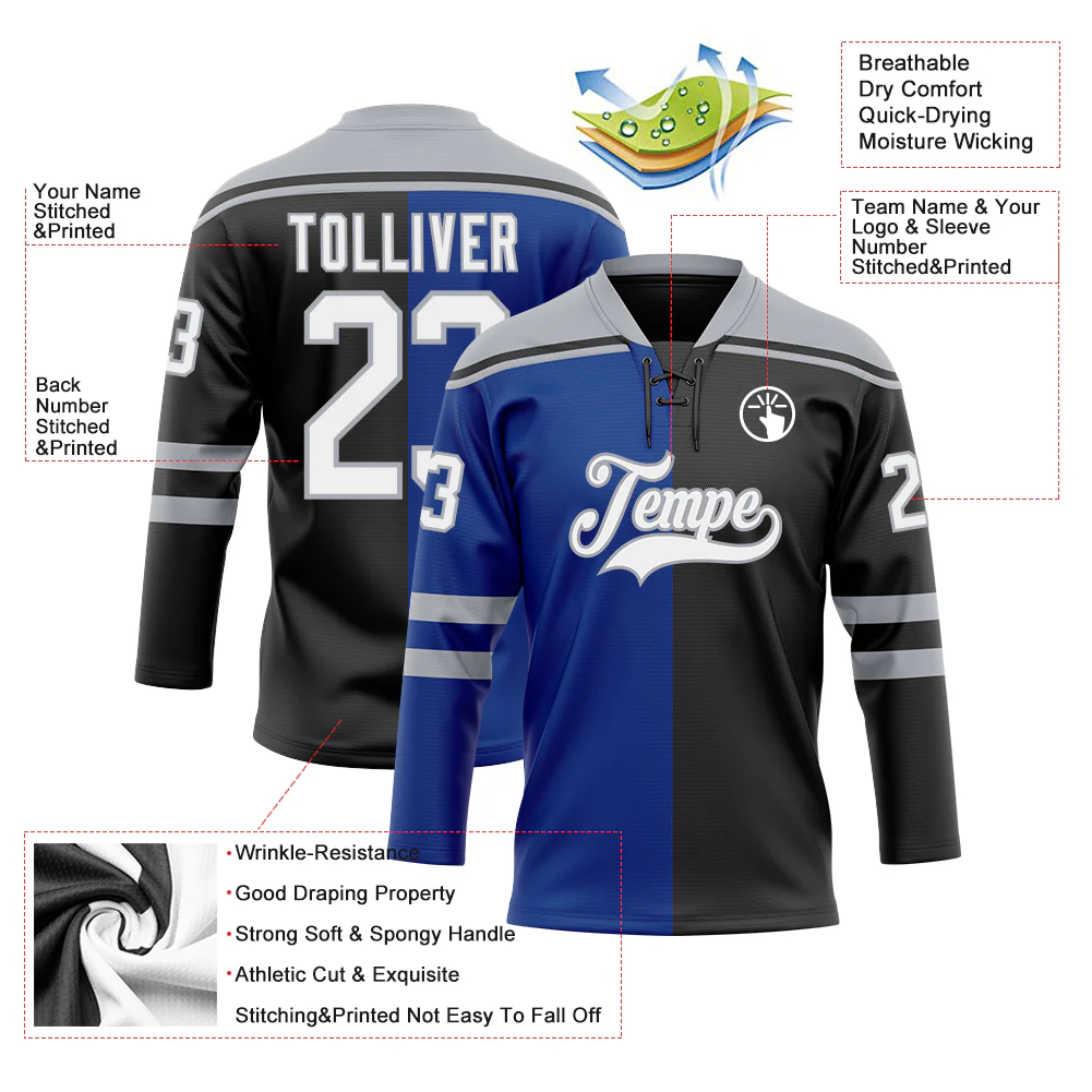 Custom Black White Royal-Gray Split Fashion Hockey Lace Neck Jersey - Image 5