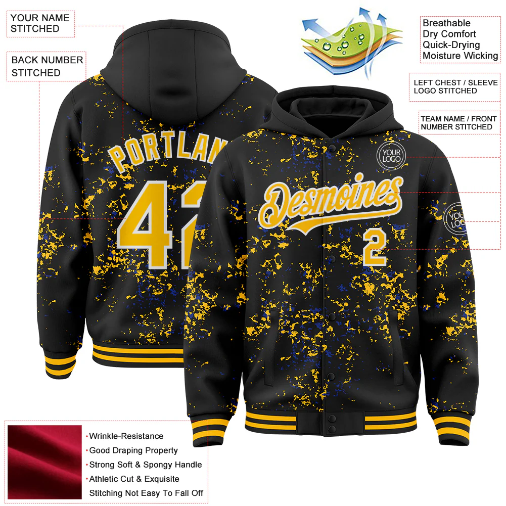 Custom Black Gold Royal-White Fragment Pattern Bomber Full-Snap Varsity Letterman Hoodie Jacket - Image 4