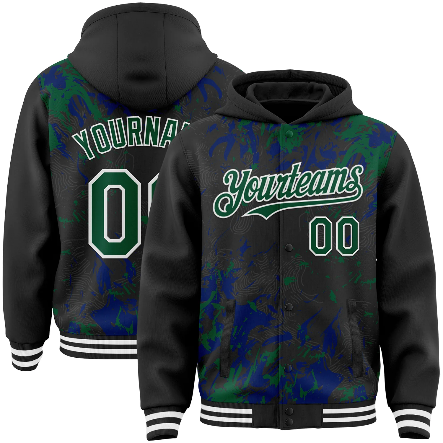 Custom Black Kelly Green Royal-White Splash Bomber Full-Snap Varsity Letterman Hoodie Jacket