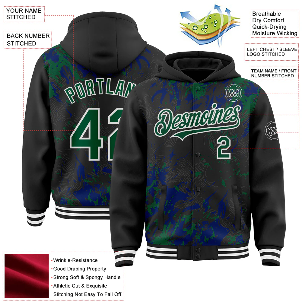 Custom Black Kelly Green Royal-White Splash Bomber Full-Snap Varsity Letterman Hoodie Jacket - Image 4