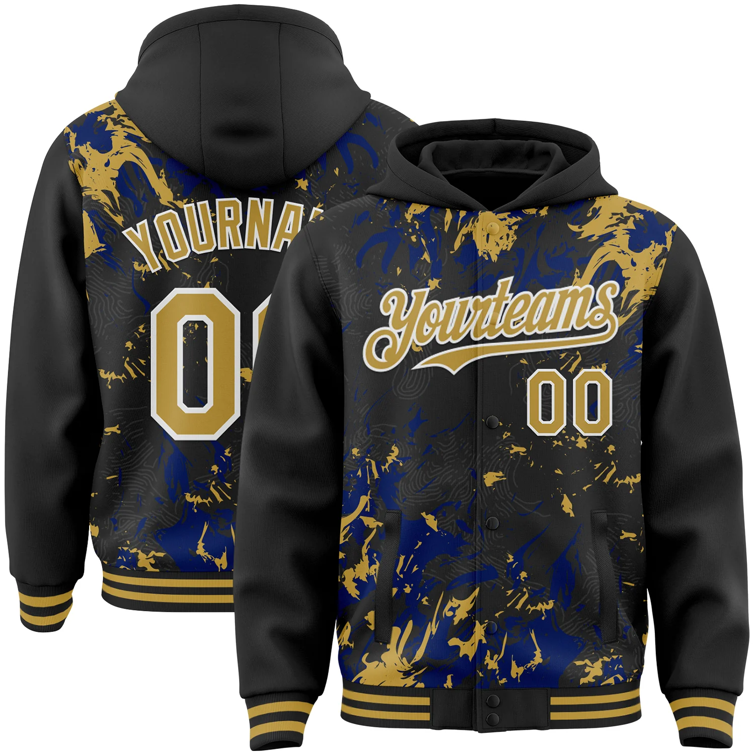 Custom Black Old Gold Royal-White Splash Bomber Full-Snap Varsity Letterman Hoodie Jacket