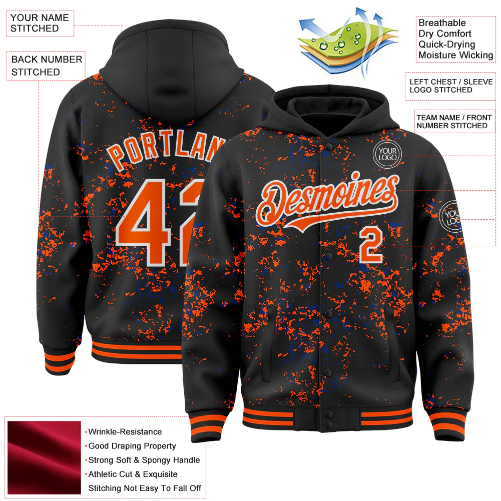 Custom Black Orange Royal-White Fragment Pattern Bomber Full-Snap Varsity Letterman Hoodie Jacket - Image 4