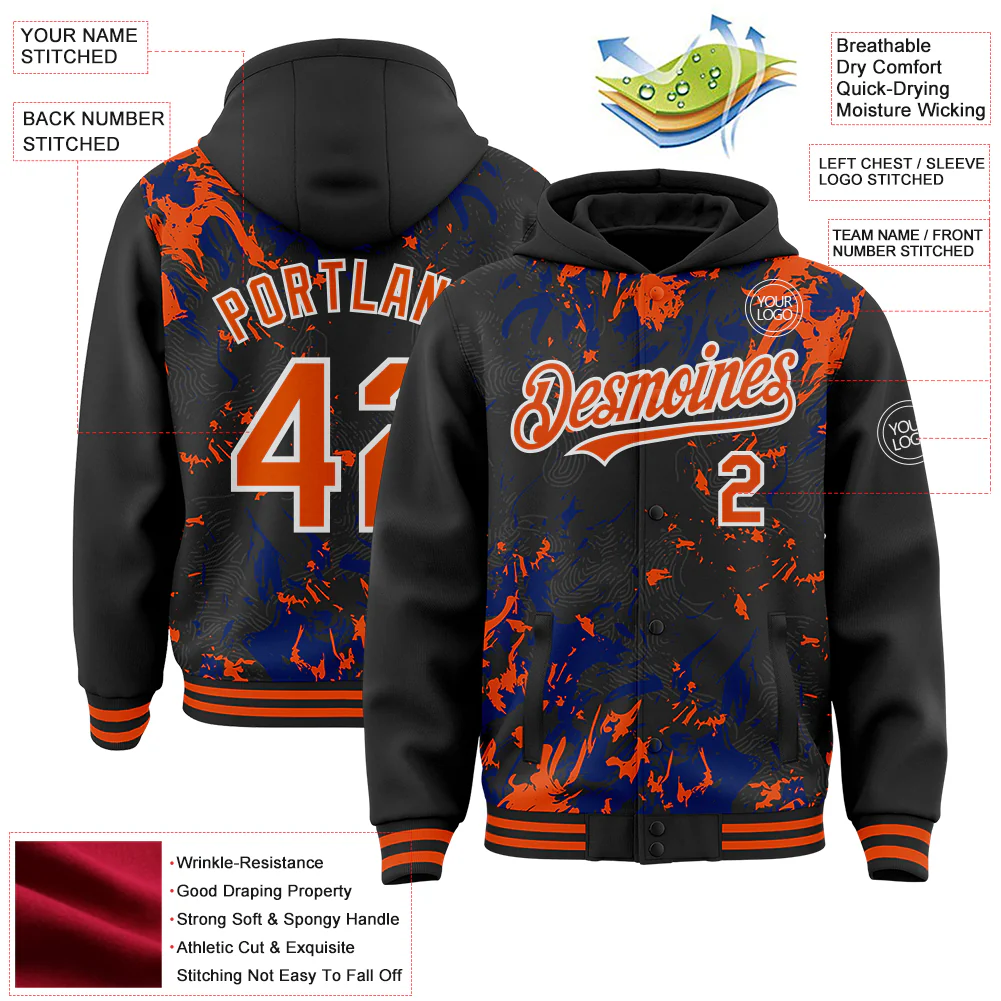 Custom Black Orange Royal-White Splash Bomber Full-Snap Varsity Letterman Hoodie Jacket - Image 4