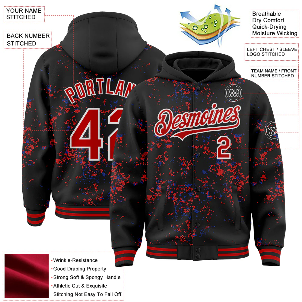 Custom Black Red Royal-White Fragment Pattern Bomber Full-Snap Varsity Letterman Hoodie Jacket - Image 4