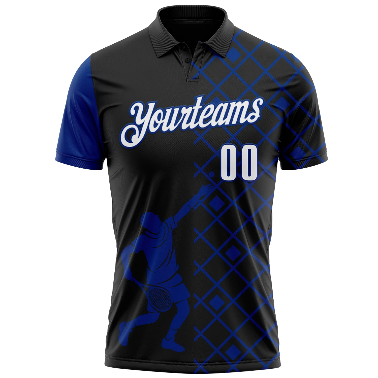 Custom Black White-Royal 3D Tennis Performance Polo Shirt - Image 2