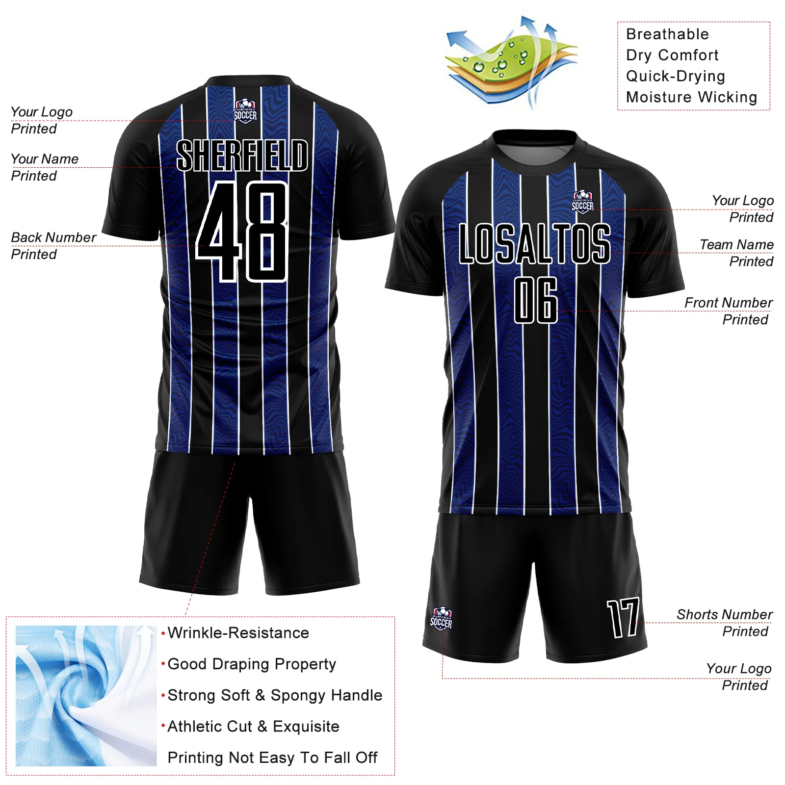 Custom Black Royal-White Line Sublimation Soccer Uniform Jersey - Image 4