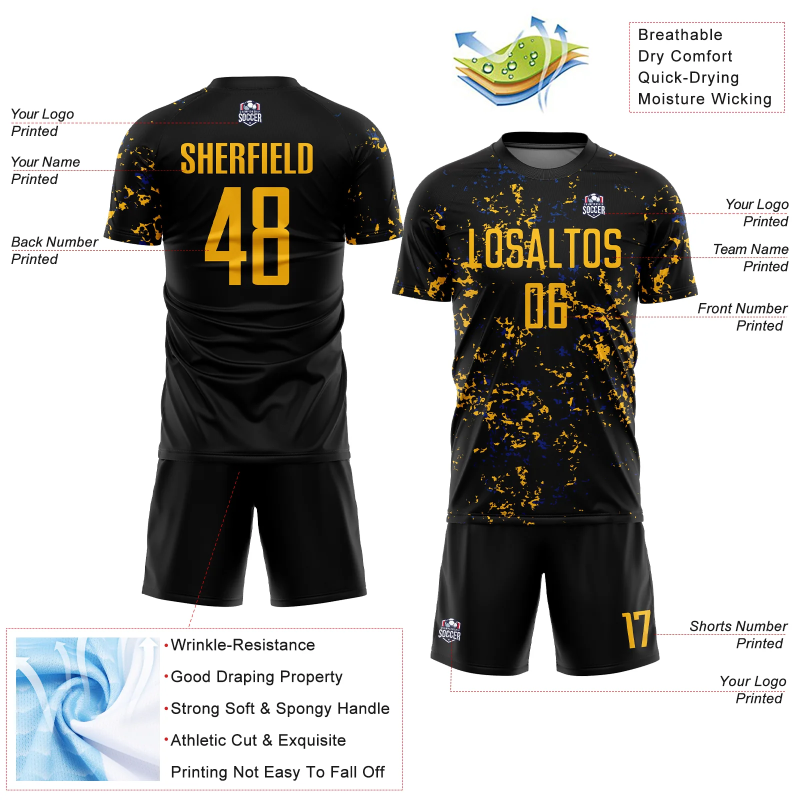 Custom Black Gold-Royal Abstract Fragment Art Sublimation Soccer Uniform Jersey - Image 4