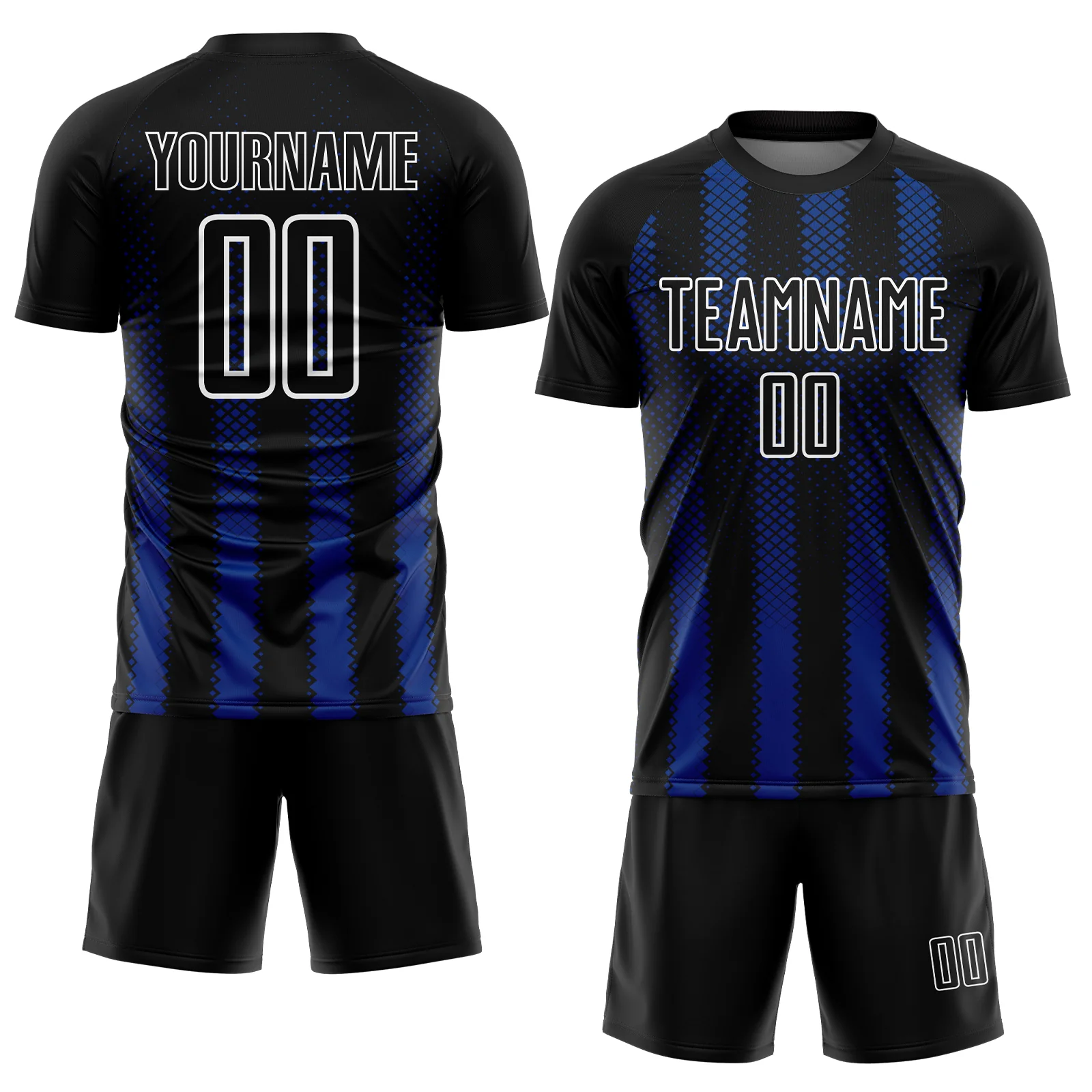 Custom Black Royal-White Geometric Shape Sublimation Soccer Uniform Jersey - Image 2
