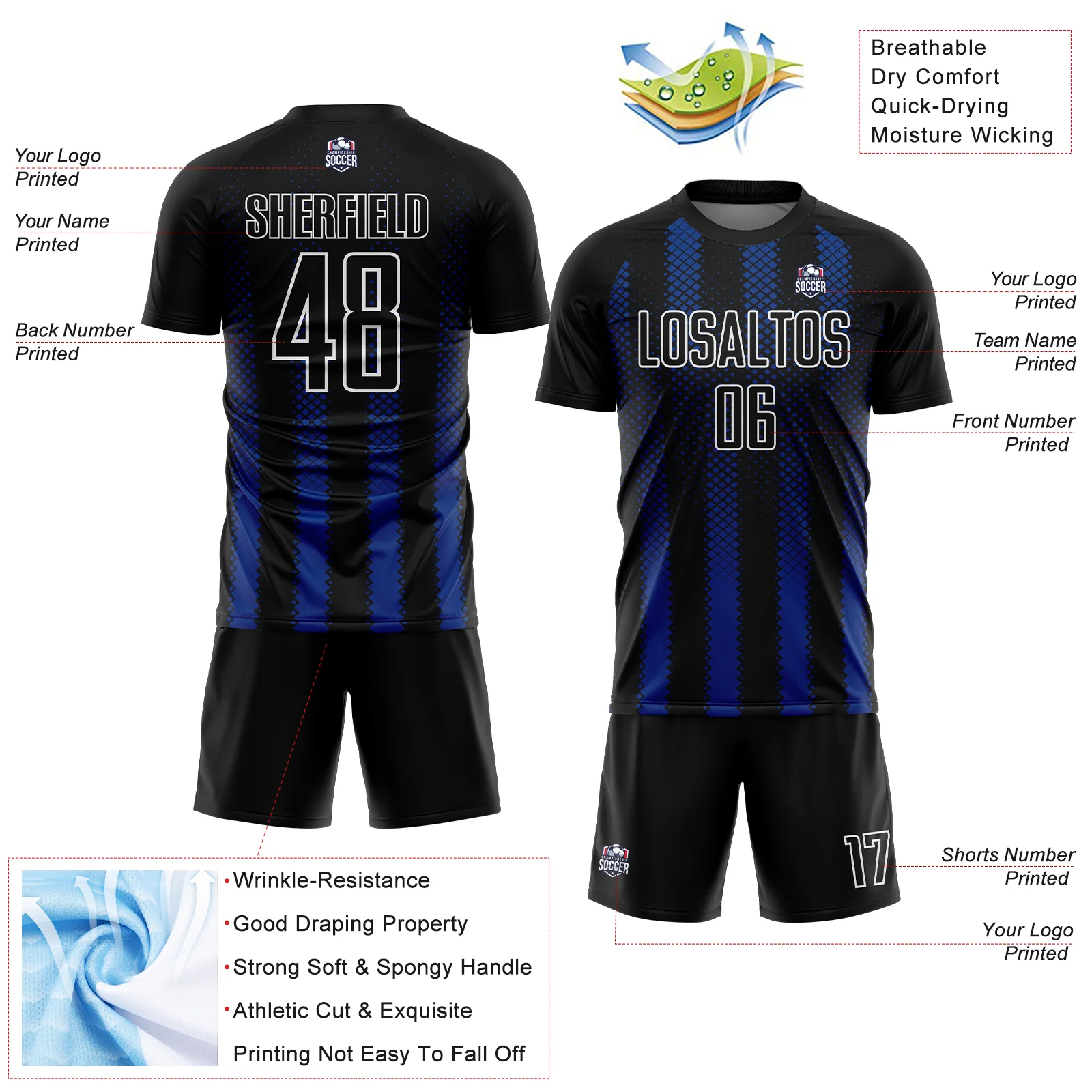 Custom Black Royal-White Geometric Shape Sublimation Soccer Uniform Jersey - Image 4