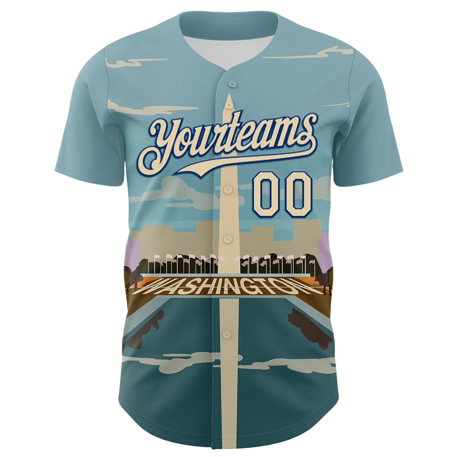 Custom Blue Cream-Royal 3D Pattern Design Washington Cityscape Skyline Authentic Baseball Jersey - Image 2