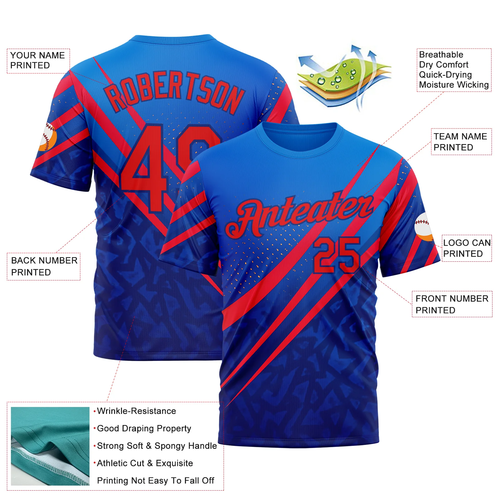 Custom Blue Fire Red-Royal 3D Pattern Design USA Inspired Sportswear Performance T-Shirt - Image 2