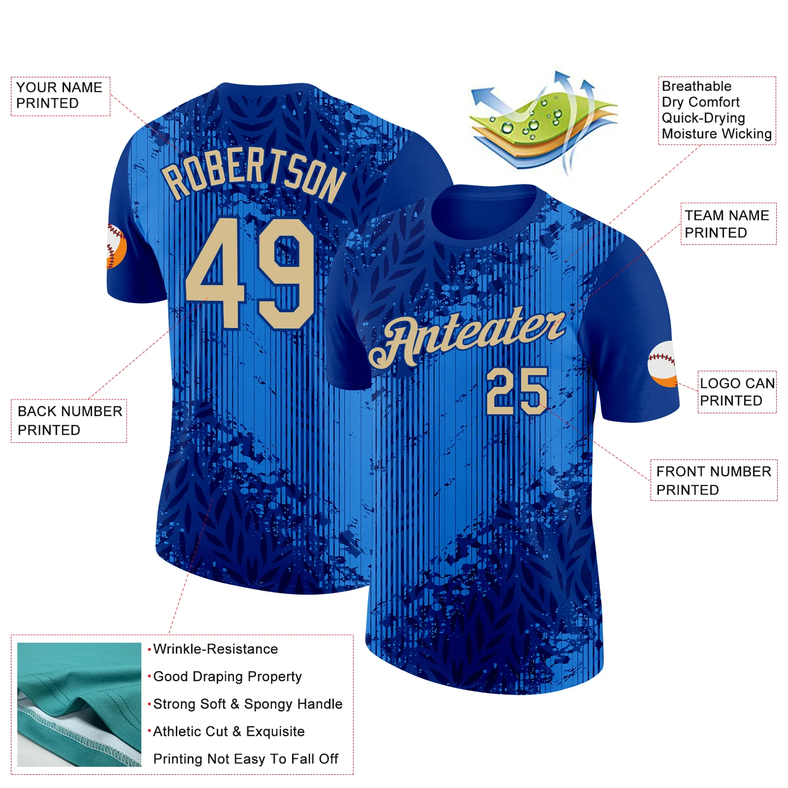 Custom Blue Vegas Gold-Royal Italy Line Splash Soccer Jersey Performance T-Shirt - Image 2