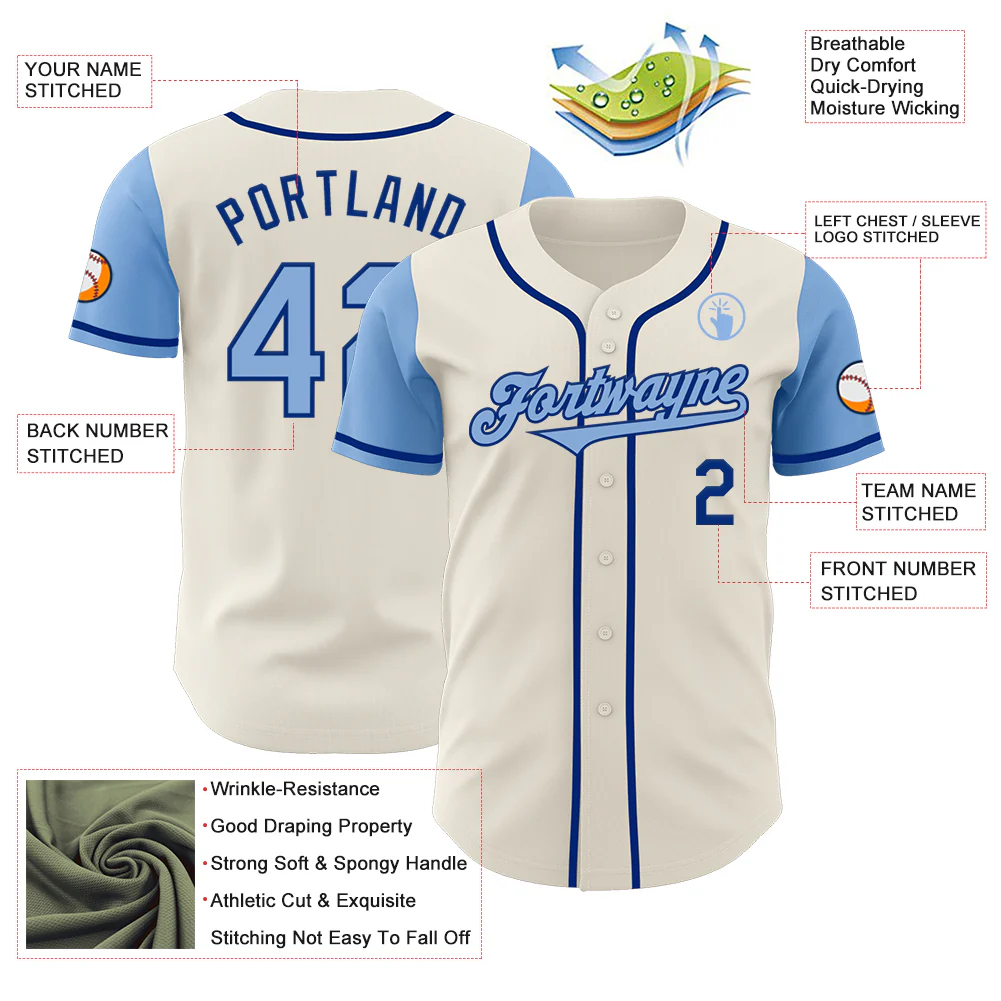 Custom Cream Light Blue-Royal Authentic Two Tone Baseball Jersey - Image 3
