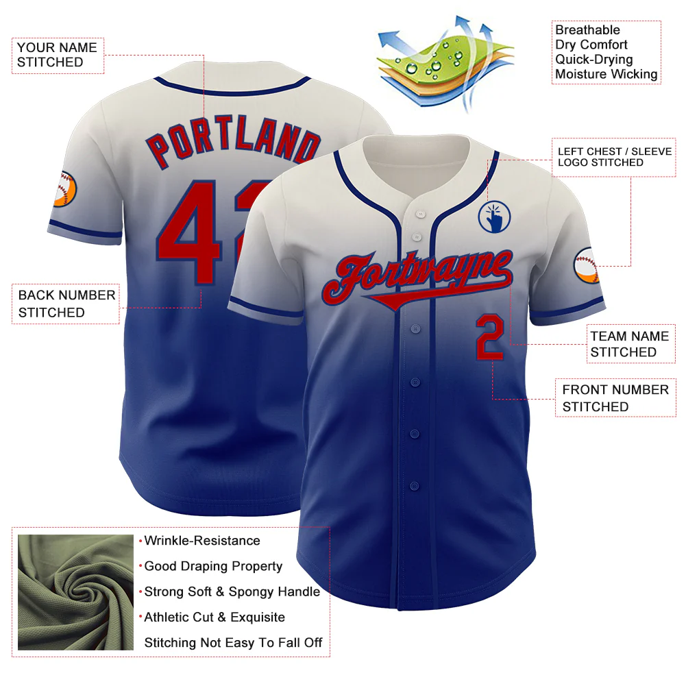 Custom Cream Red-Royal Authentic Fade Fashion Baseball Jersey - Image 3