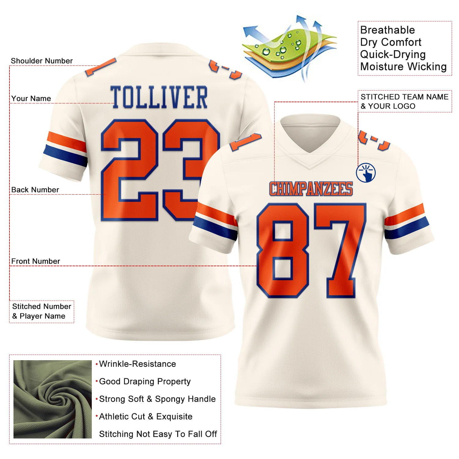 Custom Cream Orange-Royal Authentic Football Jersey - Image 3
