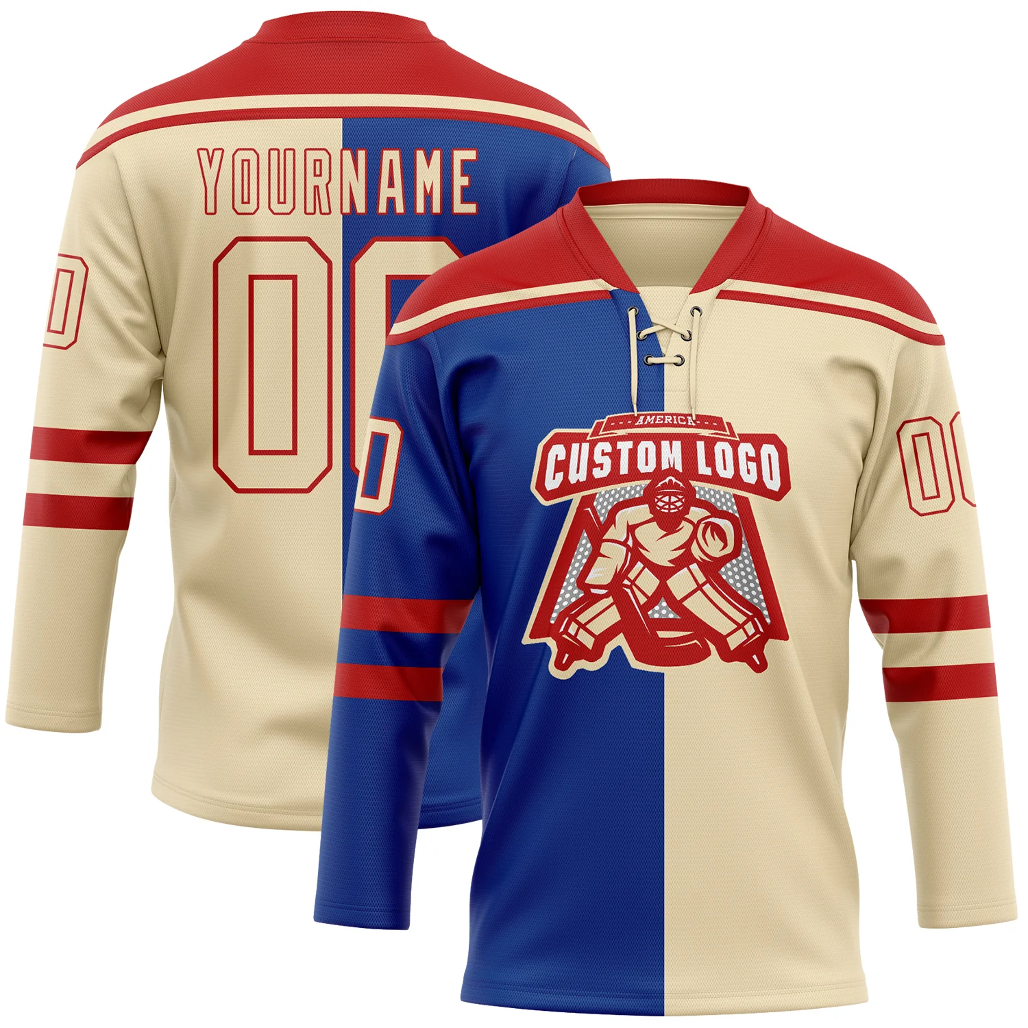 Custom Cream Royal-Red Split Fashion Hockey Lace Neck Jersey - Image 2