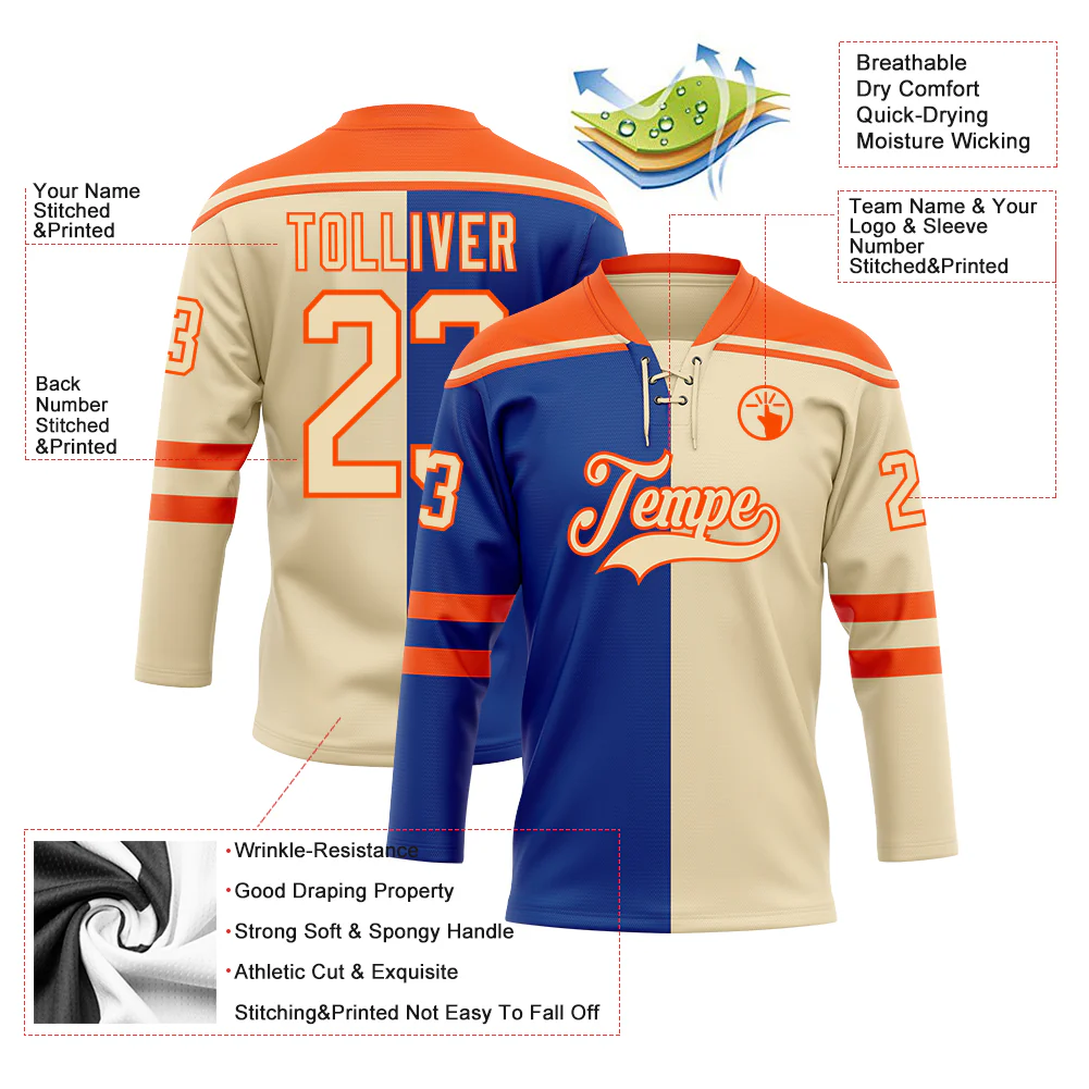 Custom Cream Royal-Orange Split Fashion Hockey Lace Neck Jersey - Image 5