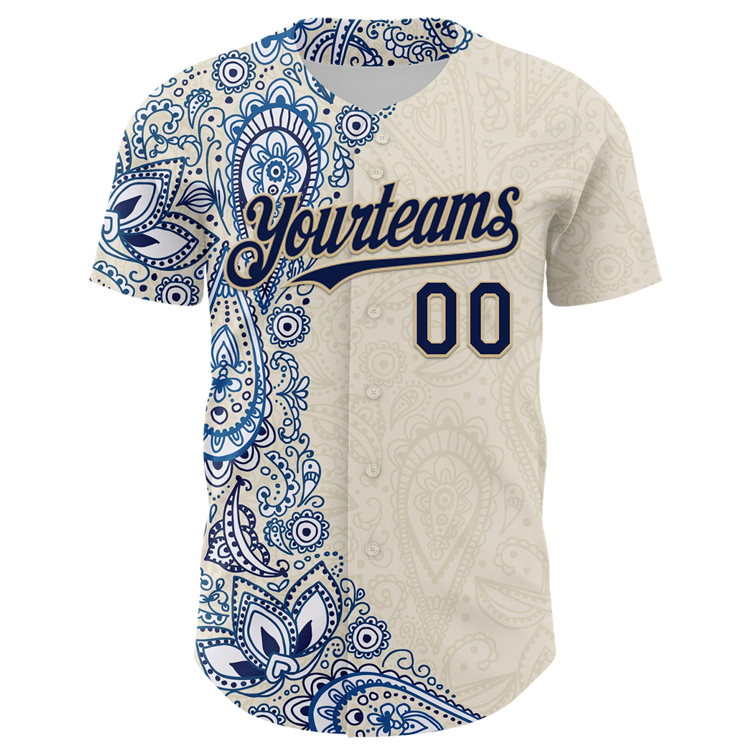 Custom Cream Navy Royal-Vegas Gold 3D Pattern Design Burner Costumes Paisley Authentic Baseball Jersey - Image 2