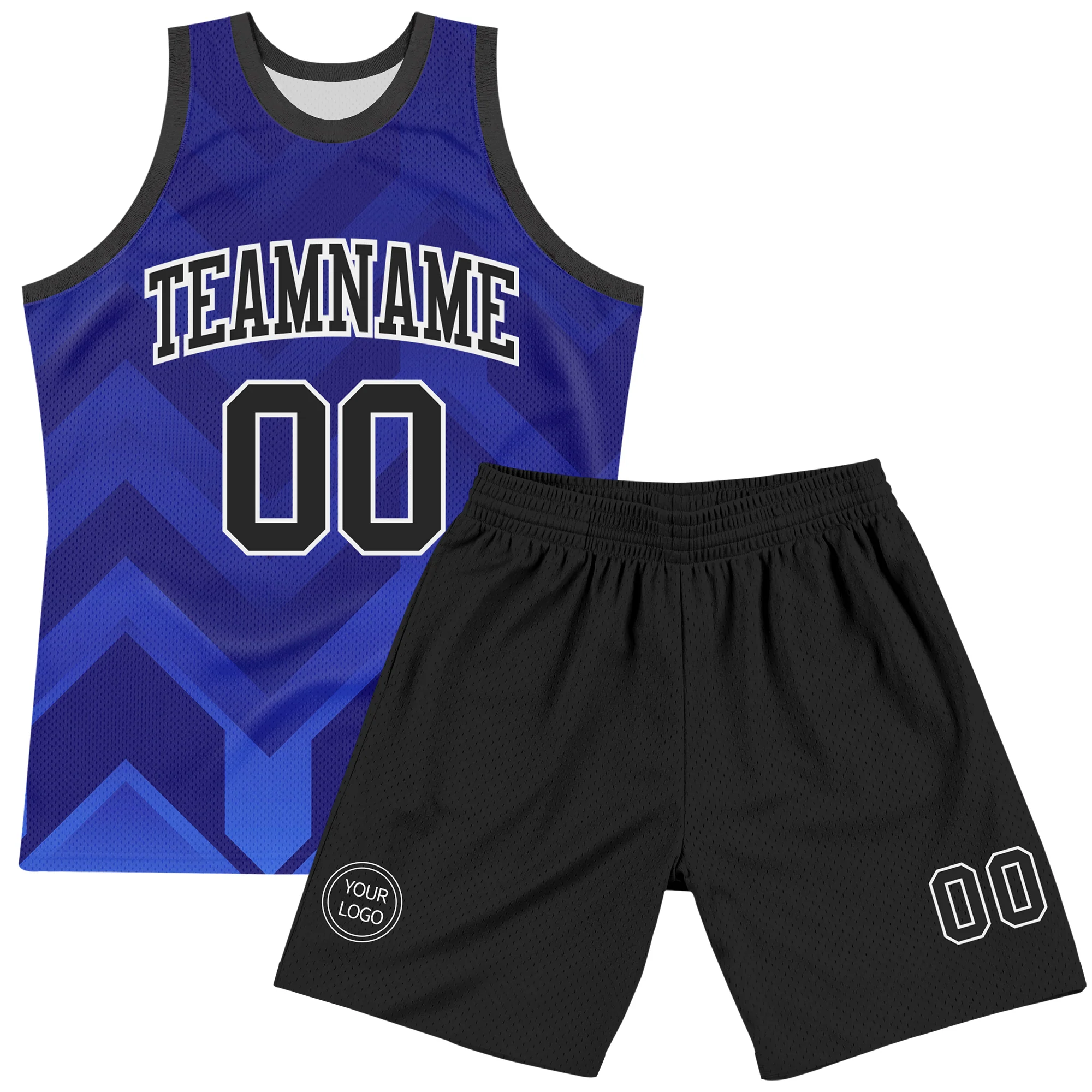 Custom Dark Purple Black Royal-White Geometric Shape Round Neck Sublimation Basketball Suit Jersey - Image 2