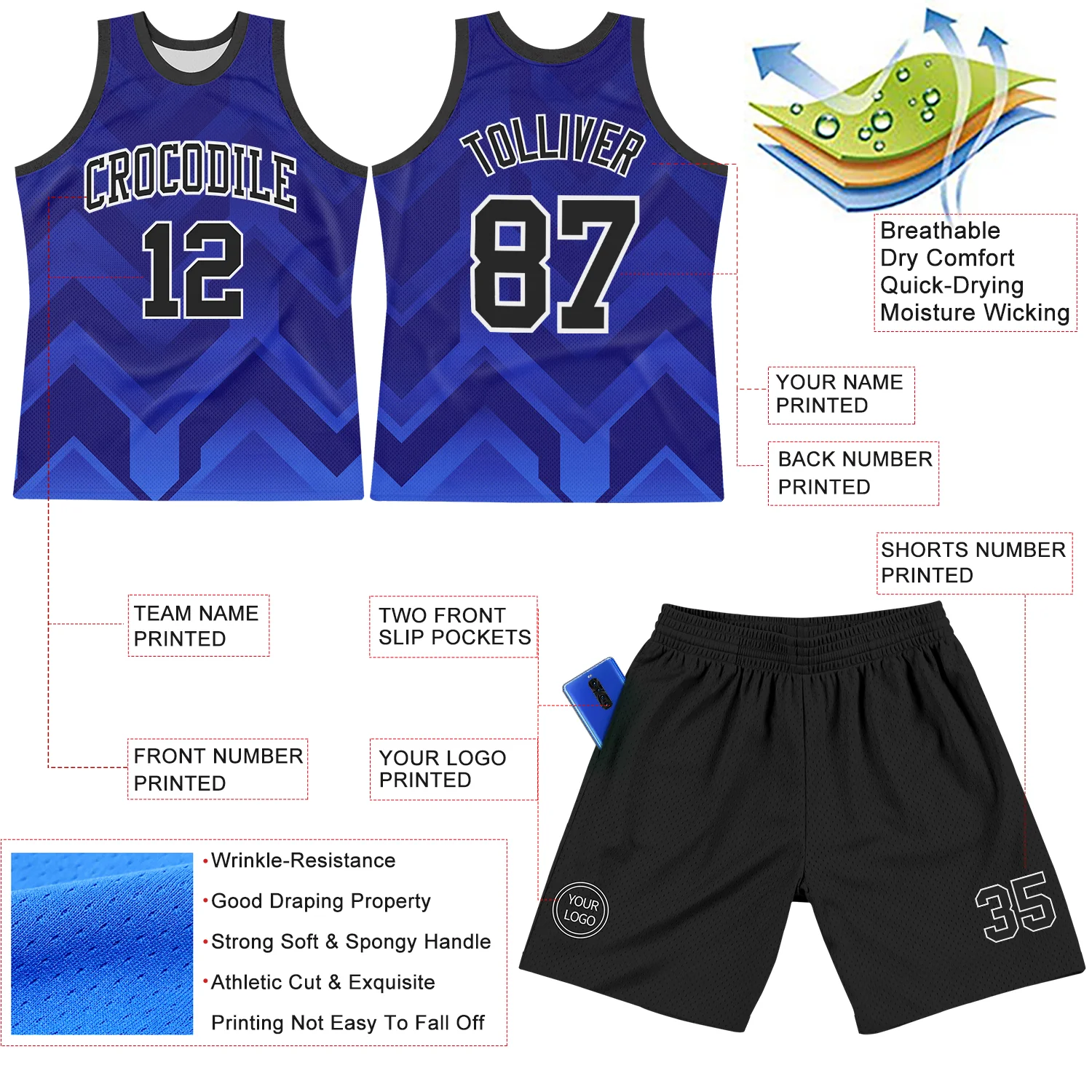 Custom Dark Purple Black Royal-White Geometric Shape Round Neck Sublimation Basketball Suit Jersey - Image 3
