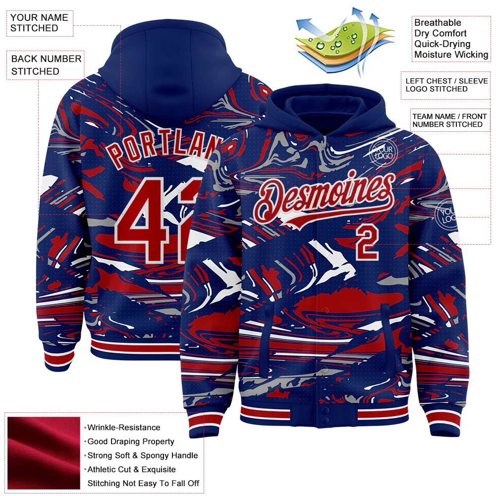Custom Figure Red Royal-White Fluid Pattern Bomber Full-Snap Varsity Letterman Hoodie Jacket - Image 4