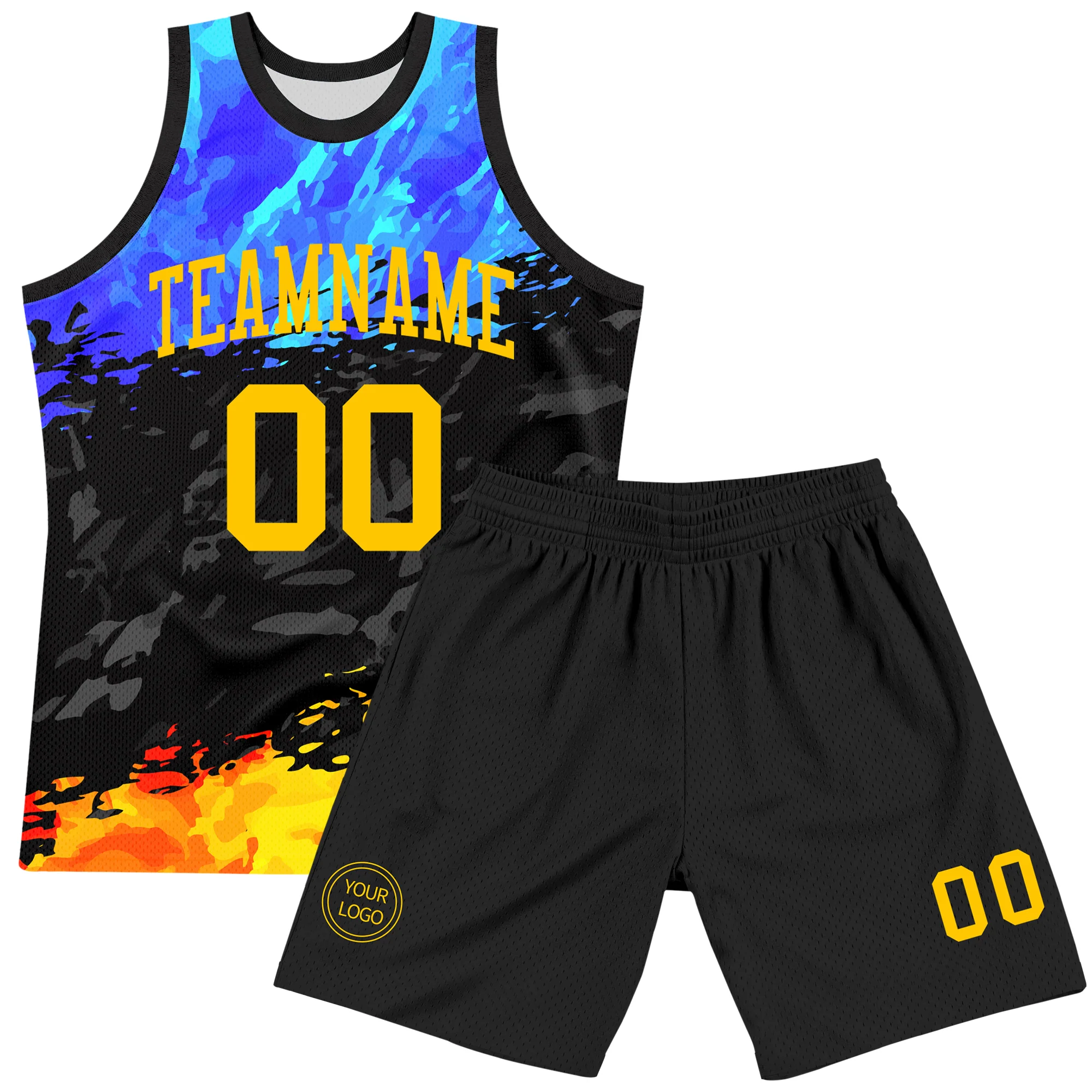 Custom Figure Yellow Royal-Black Splash Round Neck Sublimation Basketball Suit Jersey - Image 2