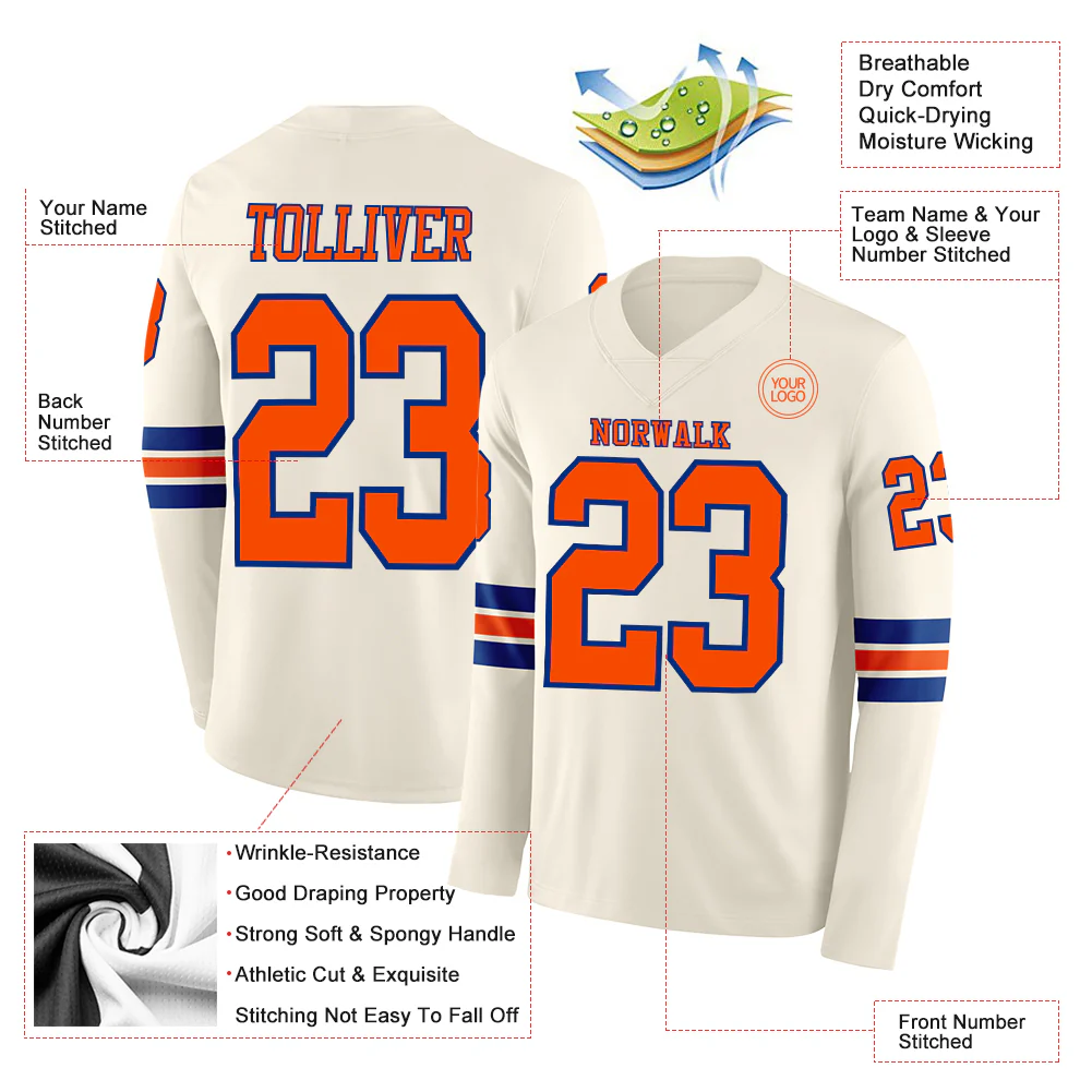 Custom Cream Orange-Royal Long Sleeve Authentic Football Jersey - Image 2