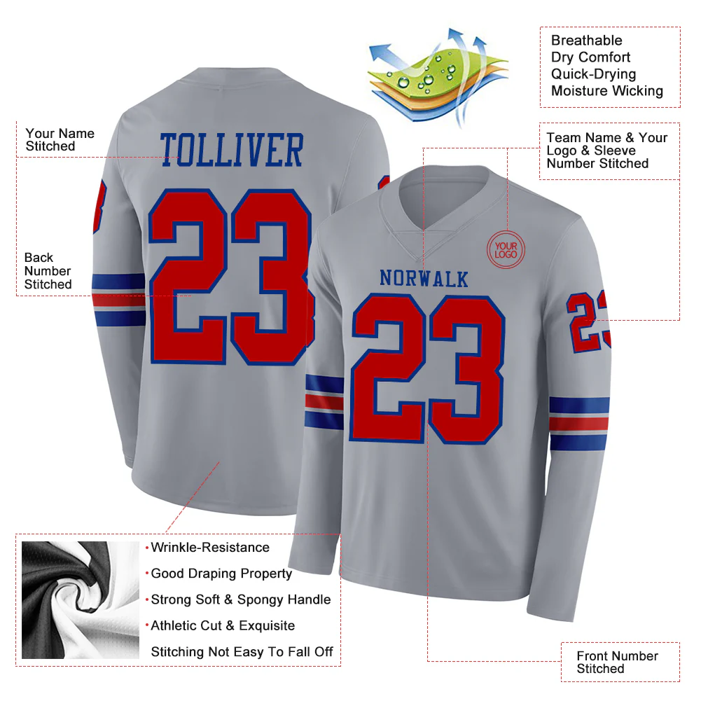 Custom Gray Red-Royal Long Sleeve Authentic Football Jersey - Image 2