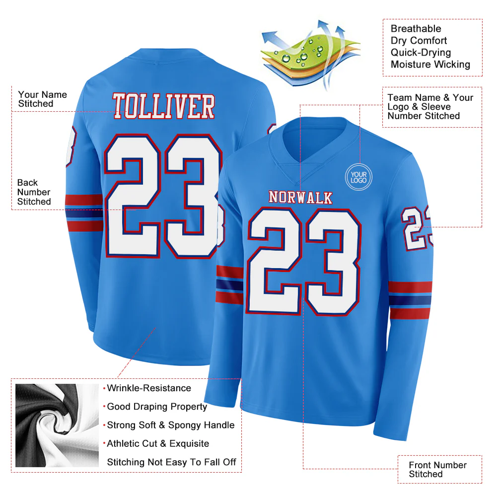 Custom Powder Blue White Royal-Red Long Sleeve Authentic Football Jersey - Image 2