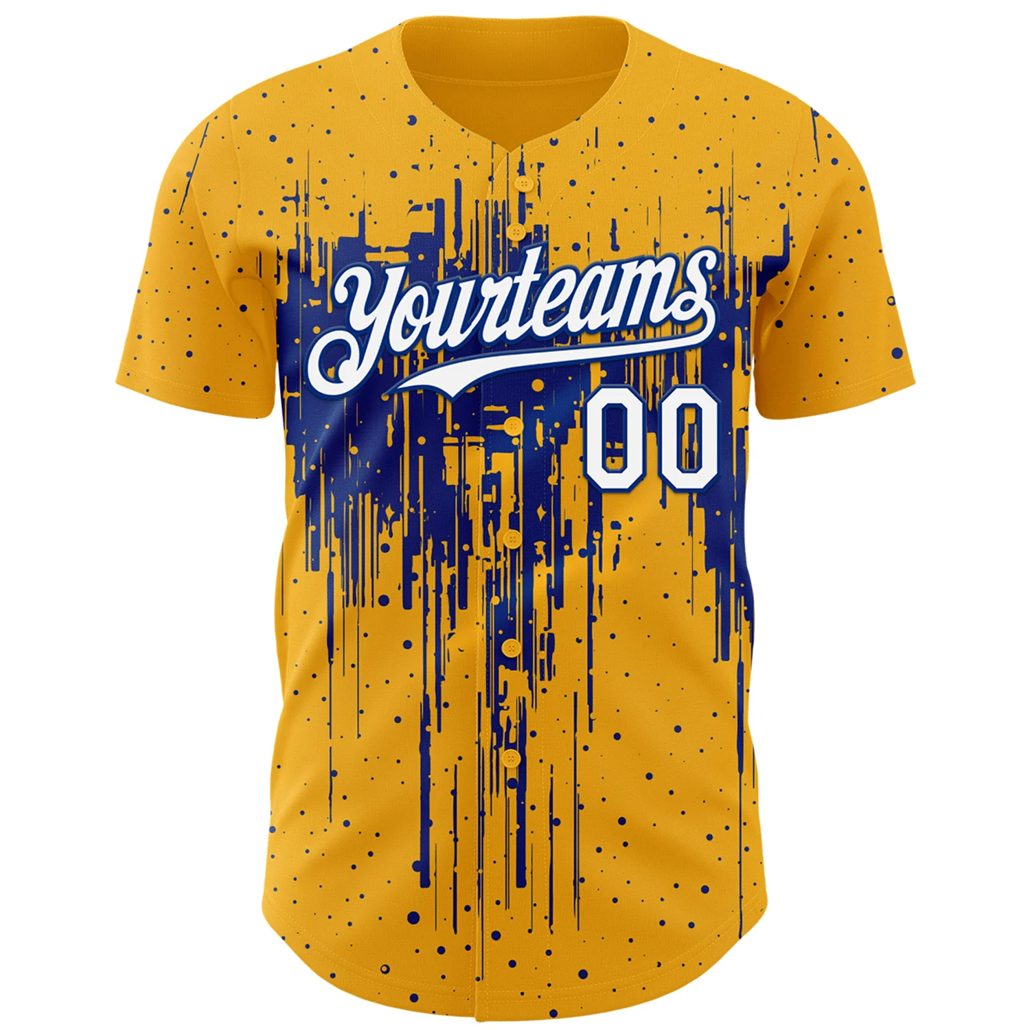 Custom Gold White-Royal Dripping Splatter Paint Authentic Baseball Jersey - Image 2