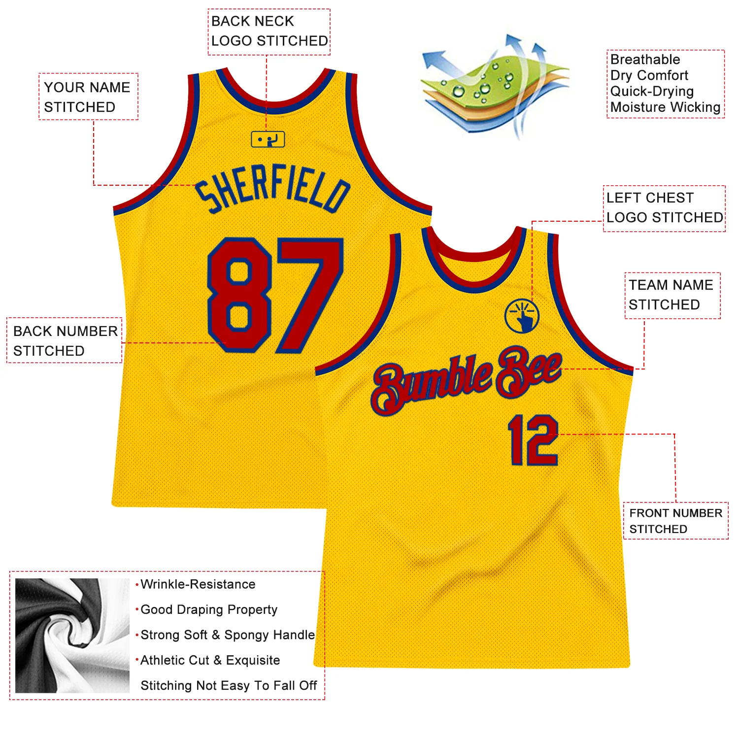 Custom Gold Red-Royal Authentic Throwback Basketball Jersey - Image 2