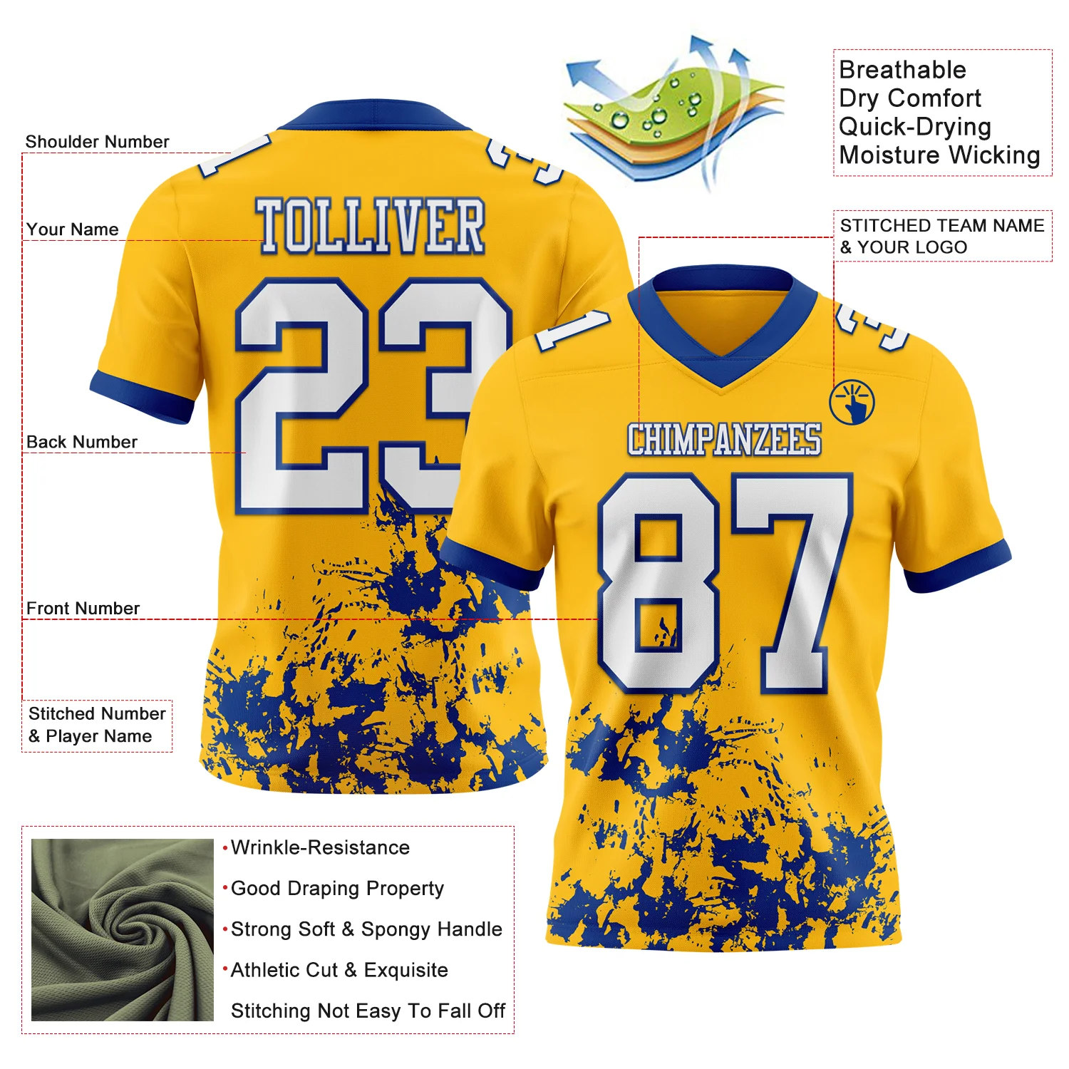 Custom Gold White-Royal 3D Pattern Splash Authentic Football Jersey - Image 2