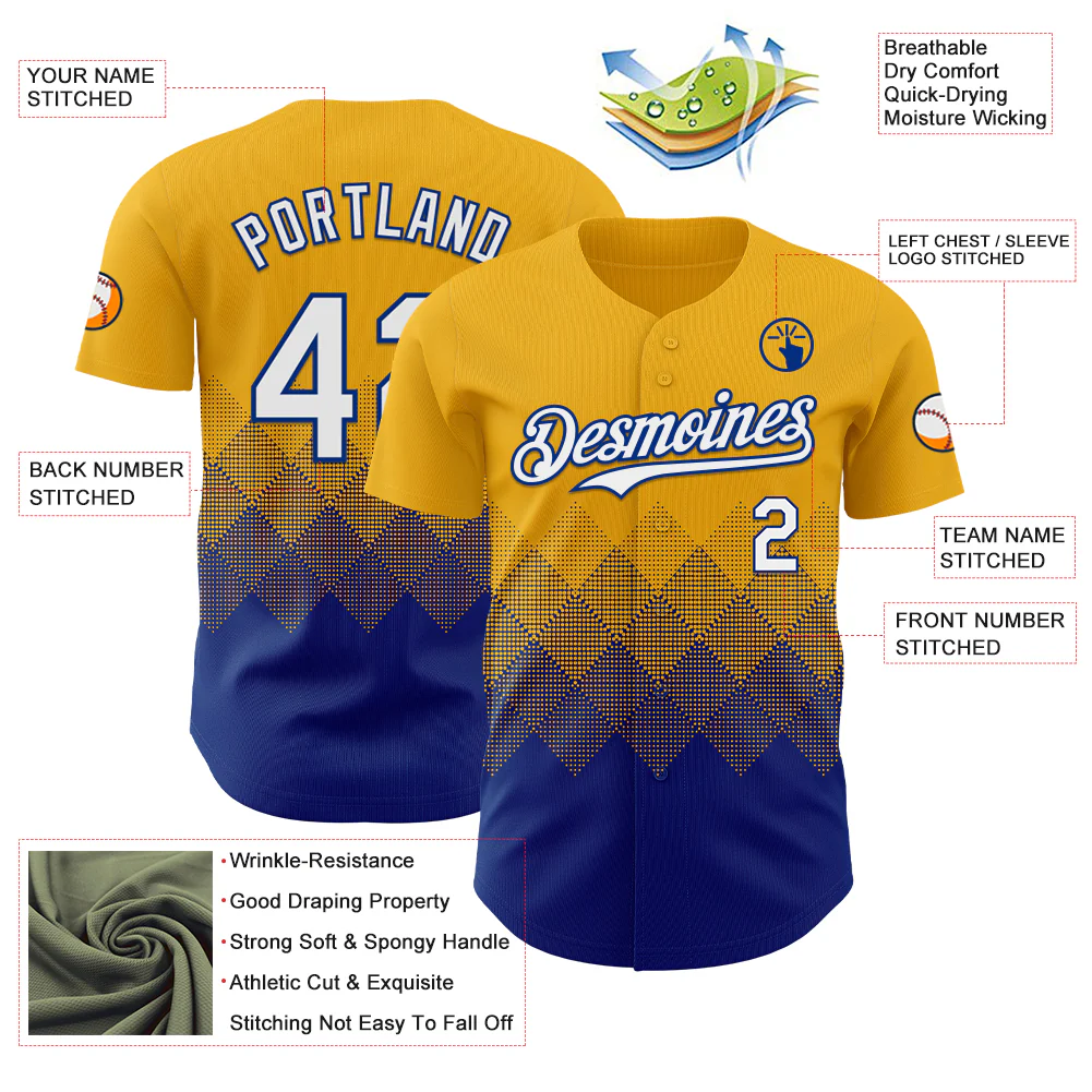 Custom Gold White-Royal 3D Gradient Square Shape Authentic Baseball Jersey - Image 3