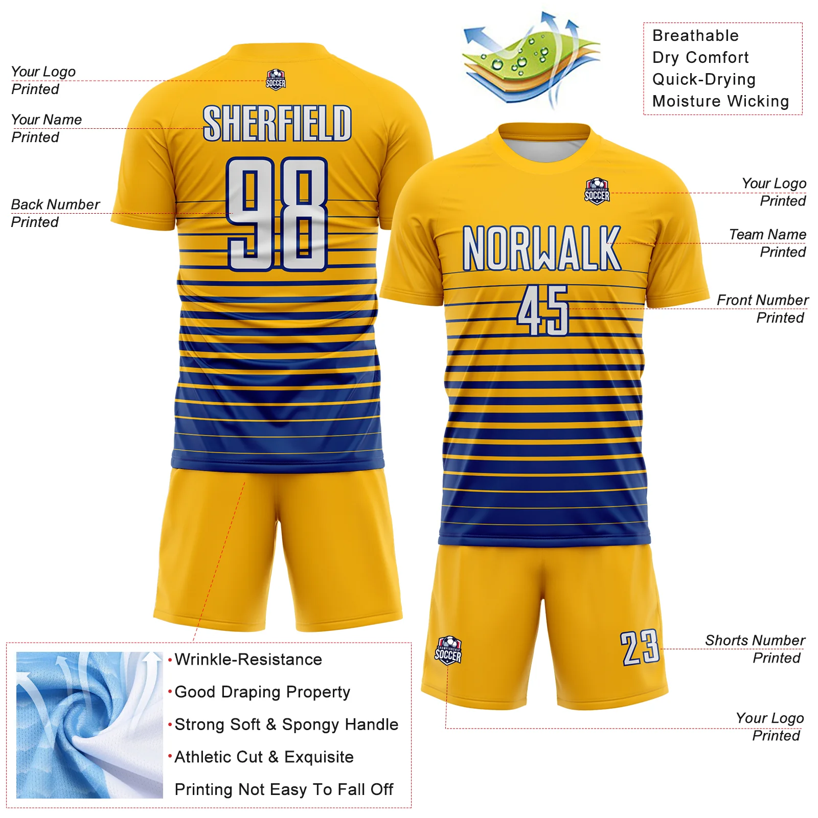 Custom Gold White-Royal Gradient Pinstripe Sublimation Soccer Uniform Jersey - Image 4