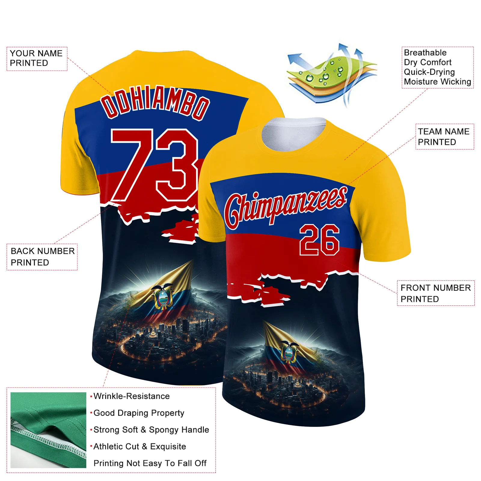 Custom Gold Red Royal-Black 3D Pattern Design Ecuador Independence Day Performance T-Shirt - Image 2