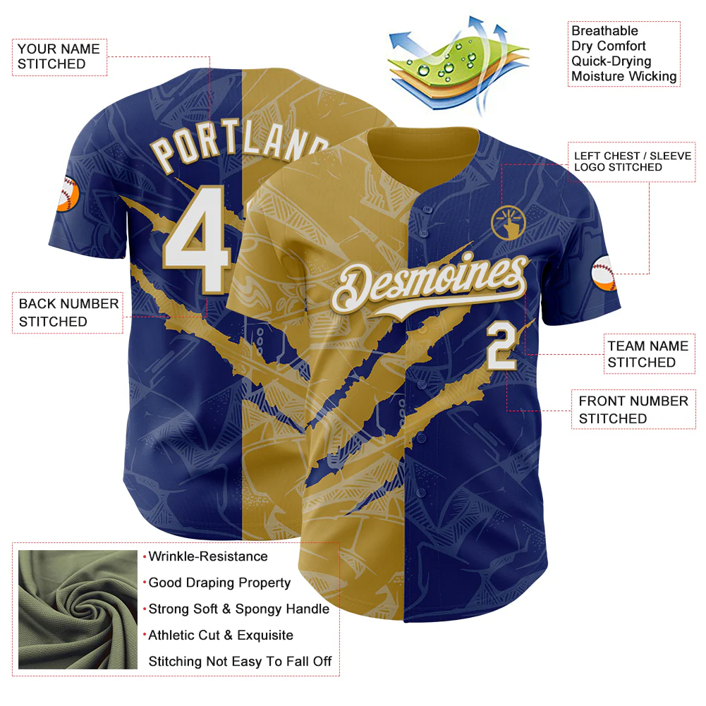 Custom Graffiti Pattern White Royal-Old Gold 3D Scratch Authentic Baseball Jersey - Image 3